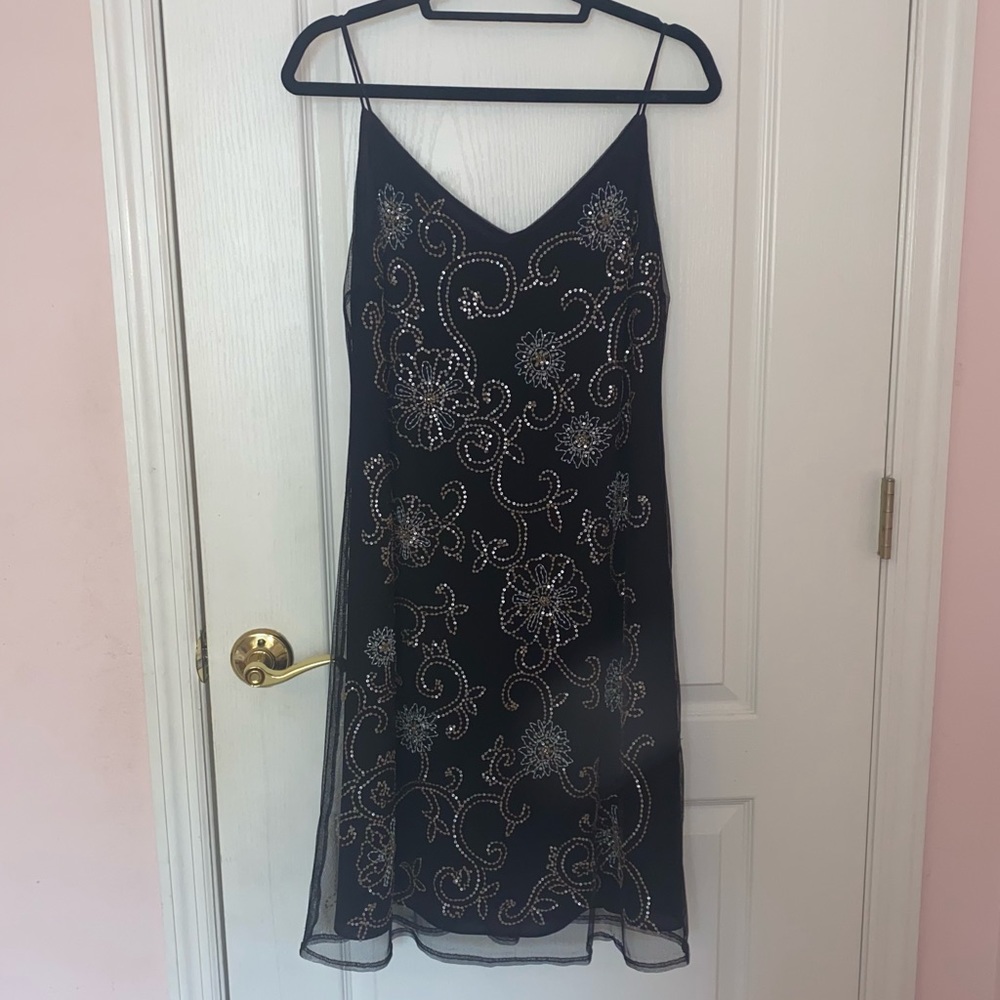 Anne Klein Beaded Sequin Floral Embellished Slip Dress